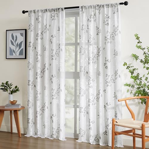 HOMEIDEAS White and Gray Privacy Sheer Curtains 96 Inches Long, 2