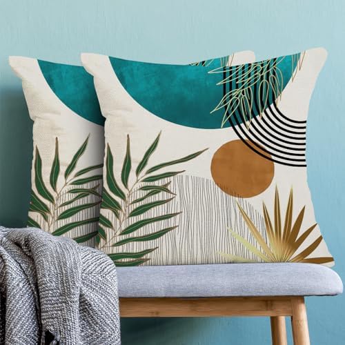 Boho Pillow Covers 20x20 Inch 2 Pcs,Aqua Teal Green Gold Tropical Leaf