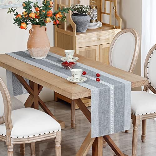 NEWISHER Farmhouse Braided Striped Embroidery Table Runner 90 inches