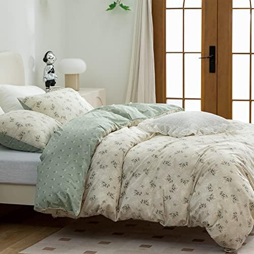 Duvet Cover Floral,100% Cotton Reversible Green Vintage Flower Bedding