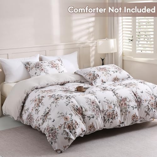 LONAVA Queen Floral 3 Pcs Duvet Cover Set, Breathable Soft Microfiber