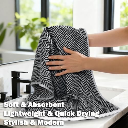 Cleanbear 8 Piece Black and White Herringbone Towel Set, 100% Cotton