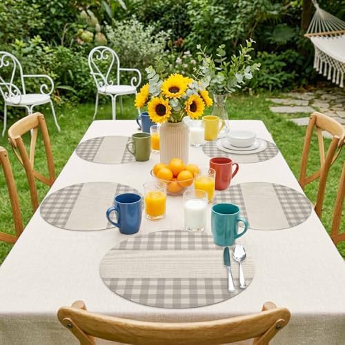 Round Placemat Set of 6 Gray Buffalo Check on Retro Linen Faux Leather