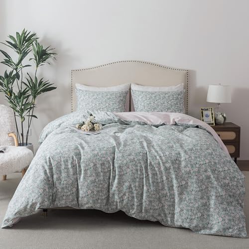 HoneiLife Cotton Floral Duvet Cover Sets, Light Green with Zipper