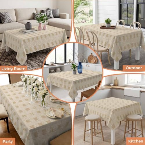 Beige Block on Linen Waterproof Tablecloth Rectangle Washable Table