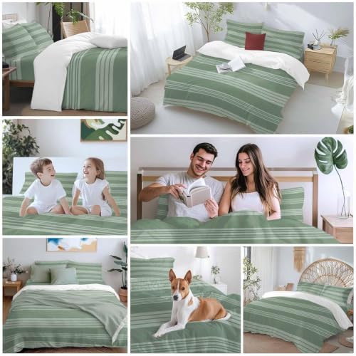 Sage Green Stripe Farmhouse Duvet Cover Set-4 Pieces Cal King Bedding