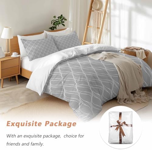 Grey White Stripes Bed Duvet Cover Queen Size Bedding Set, Washed