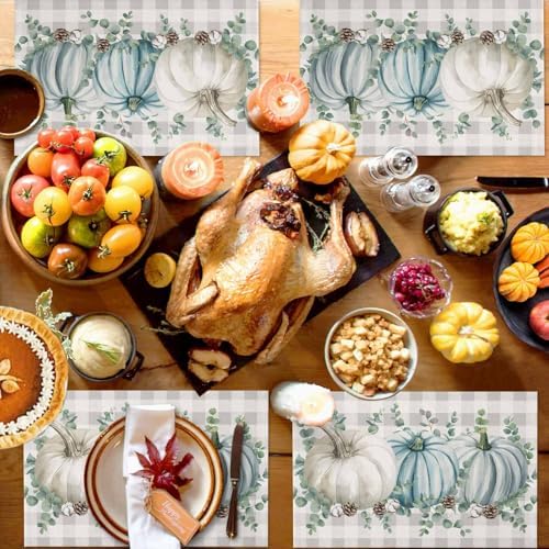 Placemats Set of 8, Vintage Thanksgiving Autumn Pumpkin Washable Table