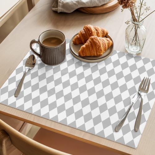 Cotton Linen Placemats for Dining Table Set of 8 Grey Diamond Plaid