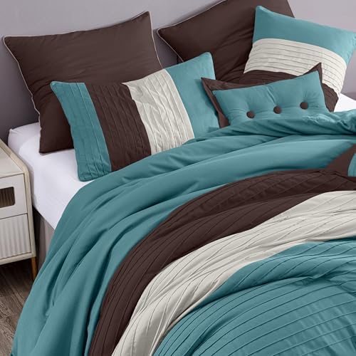 Loft 8-Piece Striped Comforter Set King, Blue/Beige/Chocolate Brown