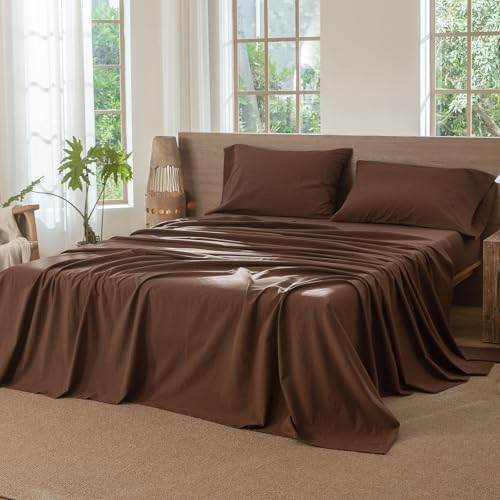 MOOMEE Flat Sheet Only 100% Washed Cotton Linen-Like Queen