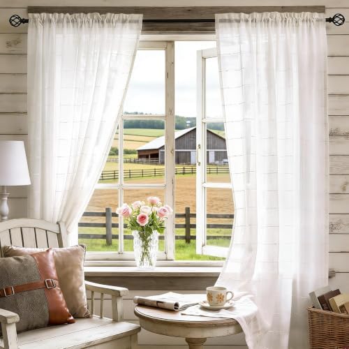 White Sheer Curtains 108 Inches Faux Linen Stripe Pattern 2 Panels