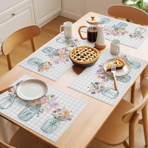 Flowers Plants Placemats Set of 8, Watercolor Spring Floral Farmhouse