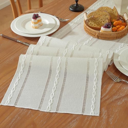 Niviy Beige Boho Cotton Linen Table Runner, Farmhouse Woven Table