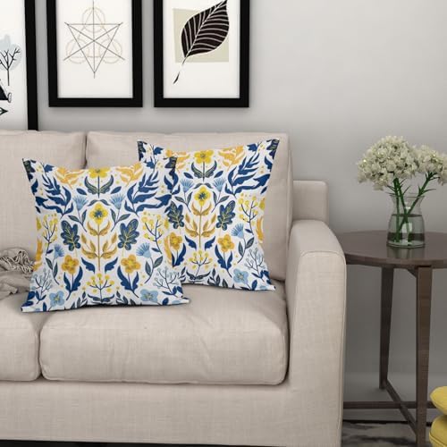 Blue Yellow Teal Floral Pillow Covers 22x22 Set of 2 Flower Flower