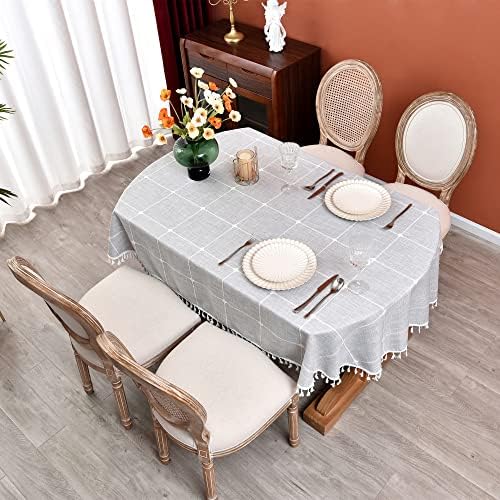 Plaid Farmhouse Gray Oval Tablecloth Cotton Linen Heavy Weight