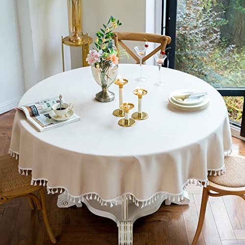 Jeloris Round Solid Color Tablecloth with Tassels Wrinkle Free Heavy