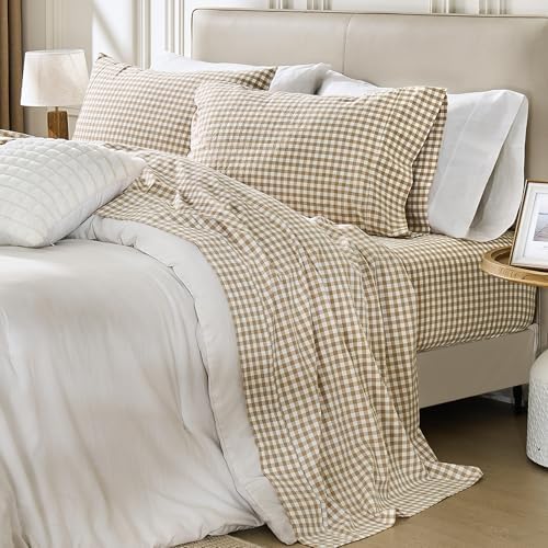 PURE ERA Tan Gingham Sheets Set 100% Washed Cotton Linen Like Full