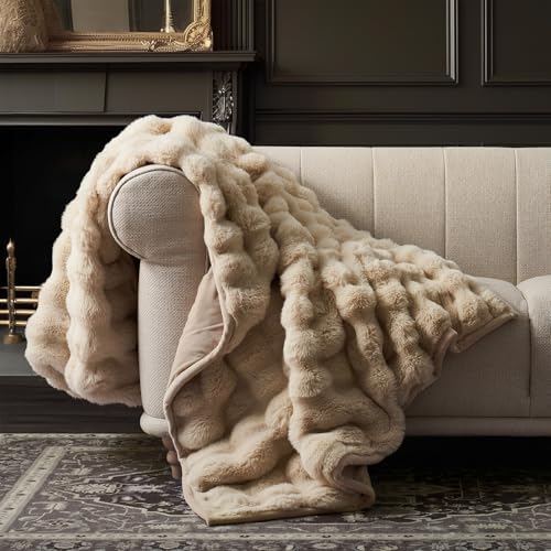 EverGrace Faux Rabbit Fur Bubble Throw Blanket, 60"x80", Cream