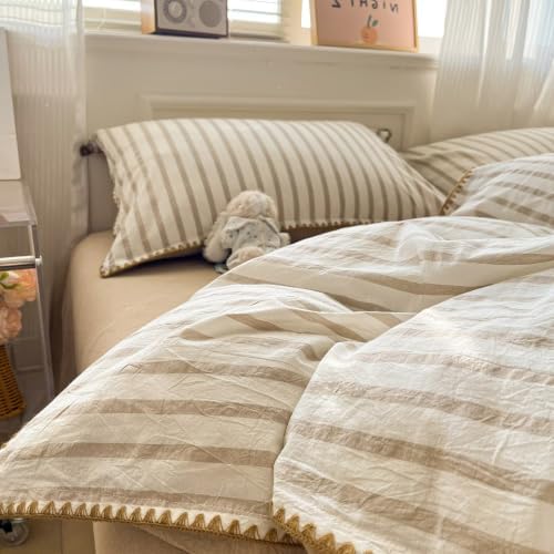 Light Khaki White Striped Duvet Cover Twin XL Farmhouse Cotton Bedding