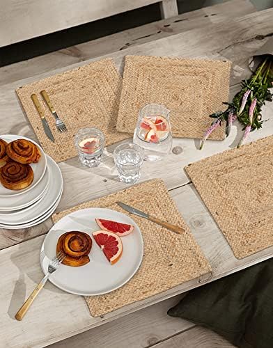 Hausattire Jute Braided Woven Placemats, Set of 4, 14x14 in, Natural