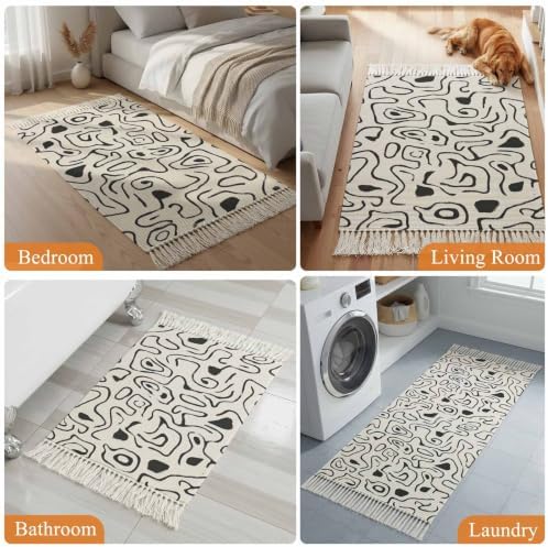Abstract Boho Hallway Runner Rug 2'x5', Modern Fluid Lines Black Gray
