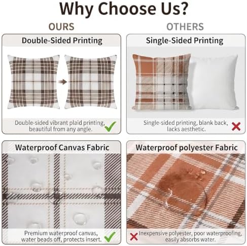 Pyonic Brown Plaid Outdoor Pillow Covers 18X18 Inch Waterproof Fall