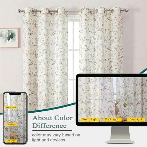 OWENIE Cream Light Filtering Floral Curtains 84 Inches Long 2 Panels
