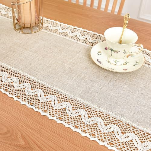 Linen Rustic Farmhouse Style Short Table Runner Beige Lace Basic Flax