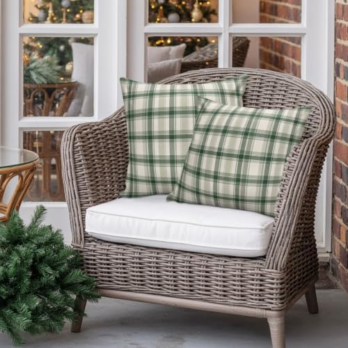 Throw Pillow Covers 18x18in Set of 2, Vintage Sage Green Plaid Outdoor