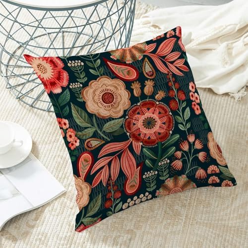 Boho Floral Pillow Covers 18x18 Set of 2, Spring Red Flower Outdoor