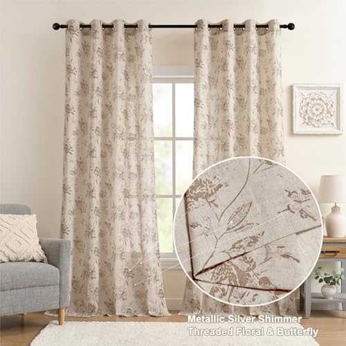 Vintage Linen Curtains with Silver Thread Brown Floral, 52x95 Inch 2