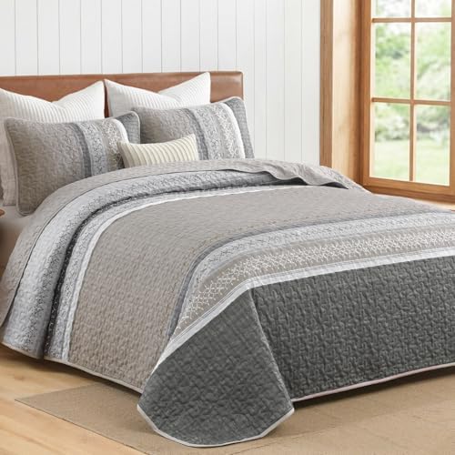 Cottolester Quilt Set Queen,Taupe Grey Striped Patchwork Bedspread