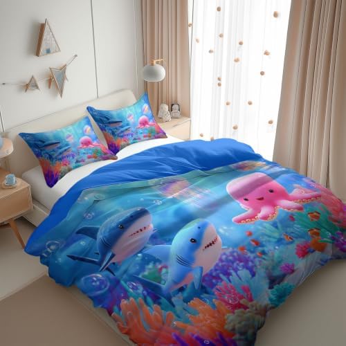 King Duvet Cover Set Soft Microfiber Aquarium Cartoon Blue