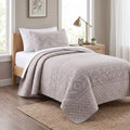 DaDa Bedding Twin 2-Piece Quilt Set, Heather Grey Embroidered