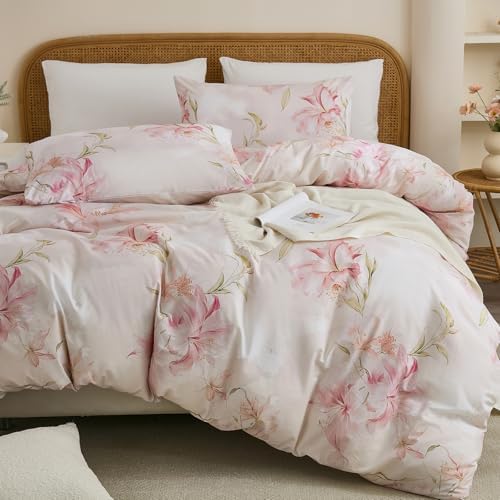 100% Cotton Duvet Cover Queen Size – Elegant Blush Lily Pink Floral