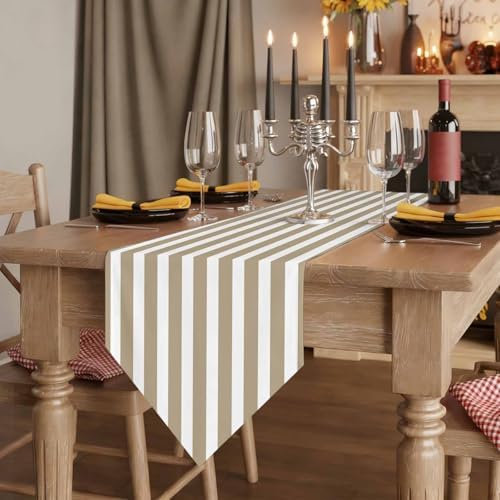 Beige Striped Table Runner Linen Burlap Table Runner 72 Inches Long