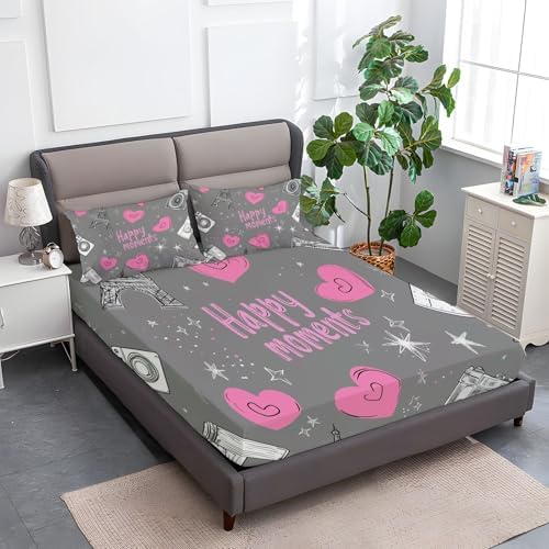 Fitted Sheet Set 3 Pieces Twin XL Size Simple Heart Camera White Gray