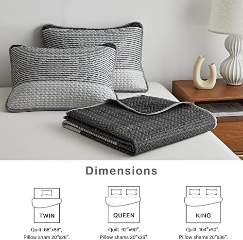 Flysheep Boho Striped Quilt Set King Size, 3 Pcs Grey and White