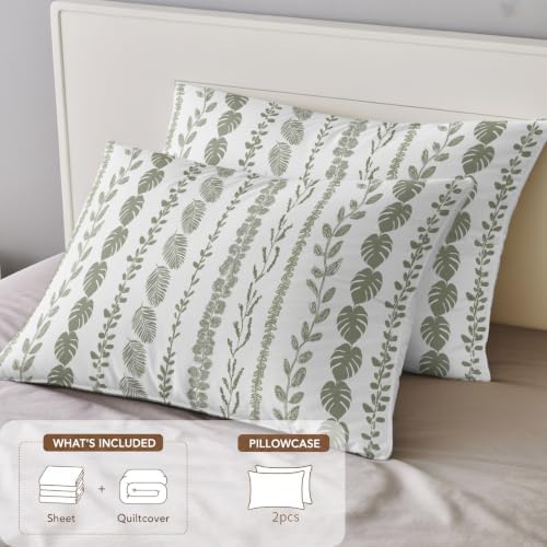 Sage Green Leaf California King 4 Piece Duvet Cover Set, Summer