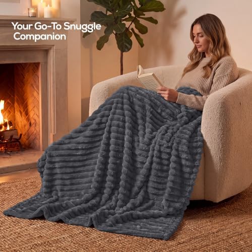 Utopia Bedding Fluffy Striped Fleece Blanket Grey Queen, 90x90 Inches