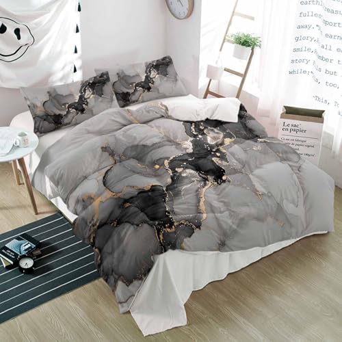 Duvet Cover Set Queen, Marble Texture Watercolor Gray 3 Piece Bedding