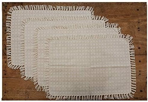 Set of 4 Placemats, Natural/Ivory Woven Fringed,100% Cotton, Size