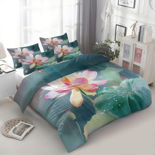 California King Duvet Cover Set Chinese Art Lotus Flowers Rainwater