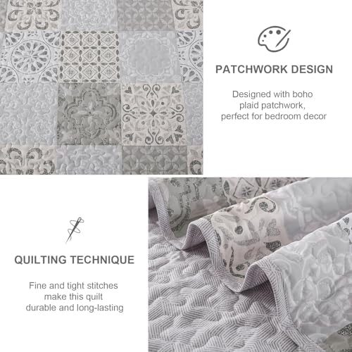 Dobuyly Queen Size Quilt Set Boho Grey Beige Plaid Patchwork