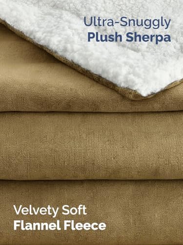 Sherpa Fleece Blanket Throw XL Size - Reversible Blanket - Camel, 50"