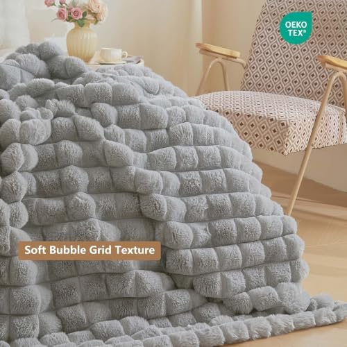 MEGO Fluffy Bubble Grid Faux Rabbit Fur Throw Blanket 60x80, Gray