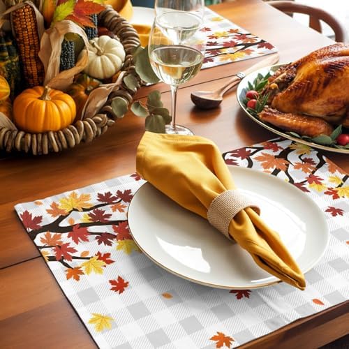 Maple Leaves Fall Placemats Set of 8, Cotton Linen Fabric Place Mats