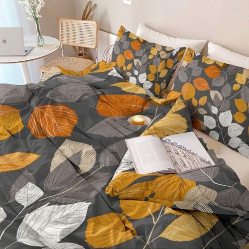 Reversible Printed Duvet Cover King Size, Plant Leaves Lines Pattern