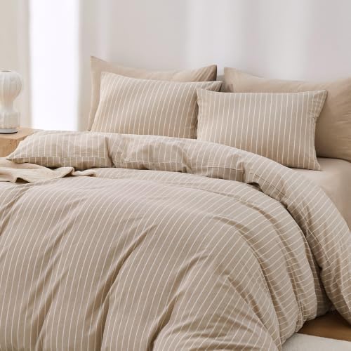 Wake In Cloud Striped Cotton Duvet Cover Set, Tan, Queen